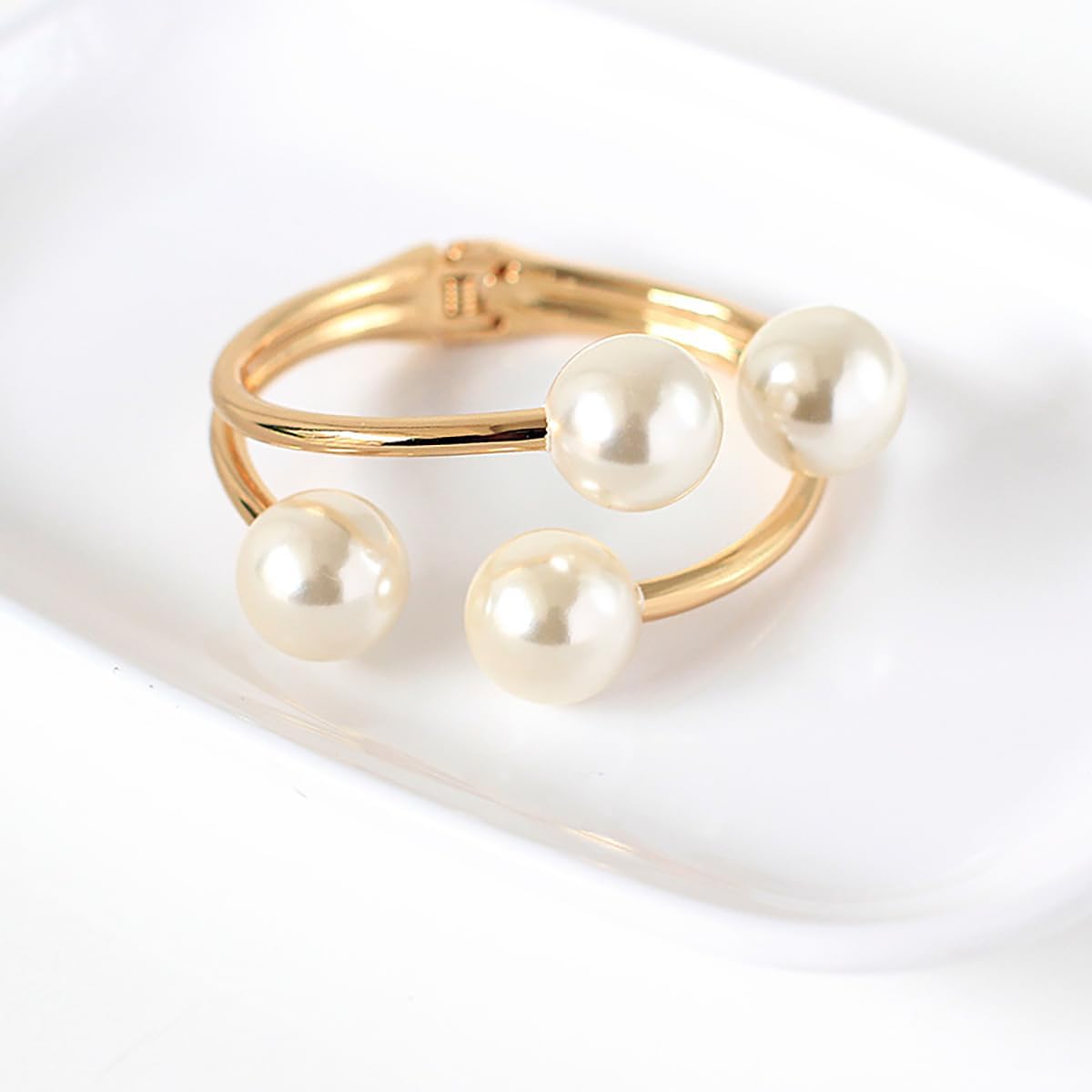 Large Pearl Open Cuff Bracelet for Women Statement Faux Pearl Cuff Bracelet Adjustable Minimalist Bracelets 14k Gold Plated Bangle Elegant Bridal Jewelry Everyday Party Jewelry