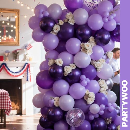 Image of PartyWoo Purple Balloons 65pcs 12 Inch Light Pastel Dark Metallic Purple Lilac Lavender Confetti Balloons for Graduation Baby Shower Birthday Wedding Anniversary Butterfly Princess Party Decorations