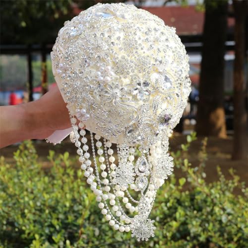 Image of MaxxCloud Luxury Gatsby-Inspired Vintage Wedding Golden Brooch Bouquets Handmade Sliver Bling Glam Wedding Bridal Bouquet (Ivory, 7.1'' /18cm)