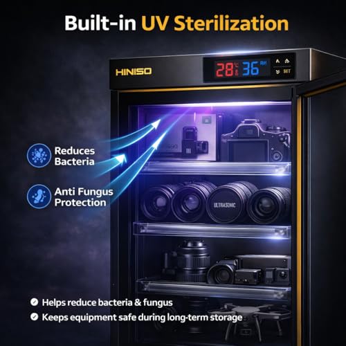 Image of HINISO 80L Camera Dry Cabinet with UV Light & Touch Panel, Electronic Humidity Control 25-60% RH, LED Display Moisture Proof Storage for DSLR, Mirrorless Cameras, Lenses & Electronics