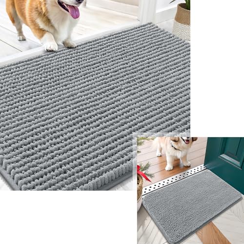 Image of OLANLY Dog Door Mat for Muddy Paws 24x16+30x20, Absorbent Non-Slip Washable Doormat, Quick Dry Chenille Mud Mat for Dogs, Entry Indoor Entryway Carpet for Inside Floor, Grey