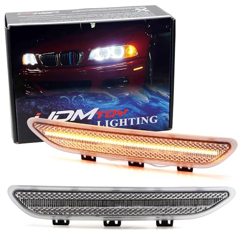 iJDMTOY Semi-Clear Lens Amber Full LED Strip Bumper Reflector Replace Side Marker Light Kit Compatible with BMW E46 2004-2006 LCI/Facelift 325CI 330CI 2-Door, Replace OEM Amber Front Reflex