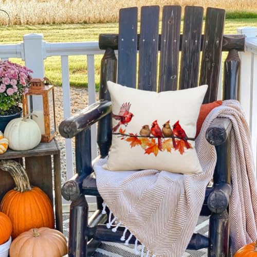 Image of Fall Pillow Covers 18x18 Inch Cardinal Birds Home Decor | Cardinal Birds Maple Leaves, Decorative Autumn Thanksgiving Harvest, Lumbar Cushion Case, For Home Sofa Couch