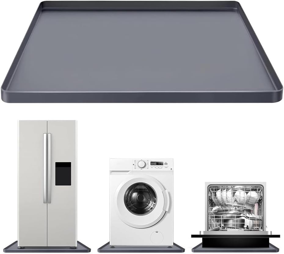 27''x27'' Large Washing Machine Drain Pan Silicone Mat with 0.79'' Raised Edges,Non-Slip Waterproof Washer Drip Tray,Prevent Water Leakage Anti-Vibration Soft Floor Mat for Washers (Grey, 27''x27'')