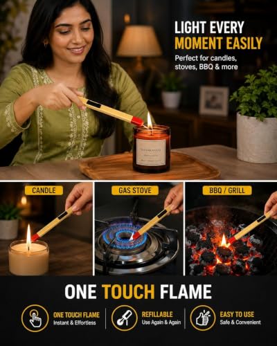 Image of Matchstick Shaped Gas Lighter for Kitchen | Long Handle Gas Lighter for Stove, Candle & BBQ | Windproof Flame Lighter, Refillable Multipurpose Lighter for Outdoor Use & Home