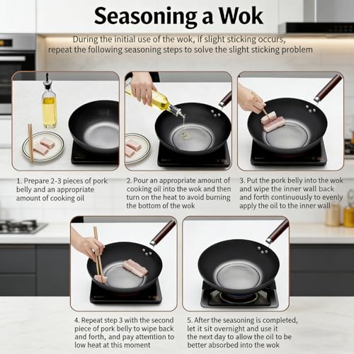 Wok de acero al carbono con mango de madera 11.8 x 5.1 in miniatura 4