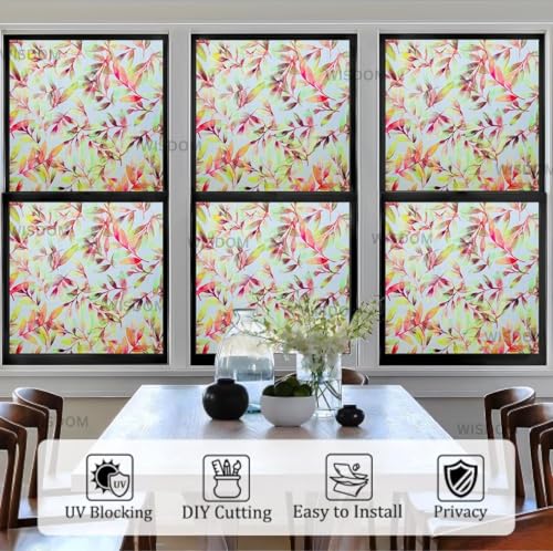 Image of WISDOM Premium Frosted Glass Window Film Self Adhesive Decorative Glass Window Privacy Sheet Film UV Control Removable Vinyl Privacy Film (Rown Leaves, 12x36 Inch)