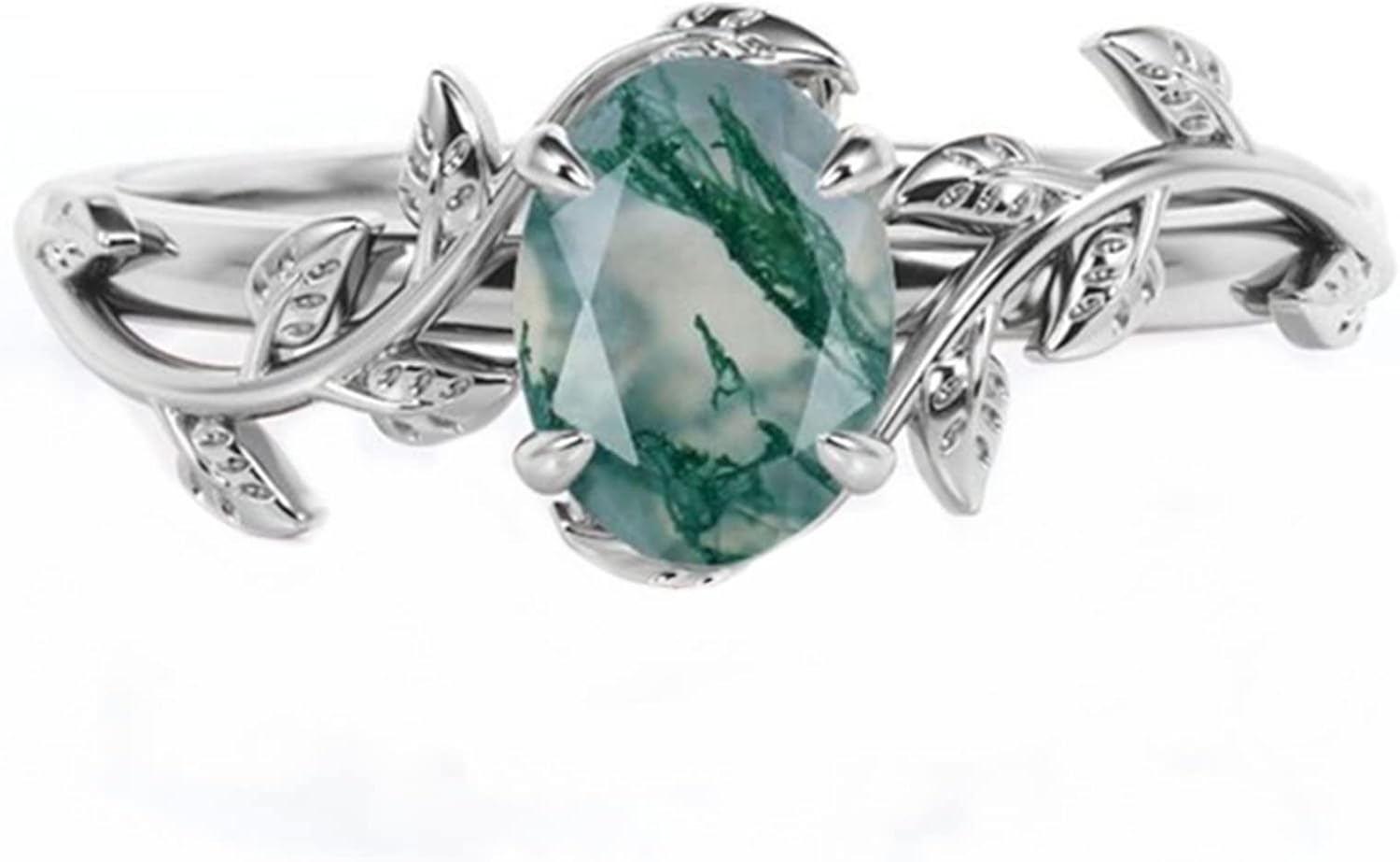 Aihpos Natural Moss Agate Ring Genuine 925 Sterling Silver Oval Cut Green Agate Engagement Ring For Women Branch Statement Ring Promise Wedding Ring