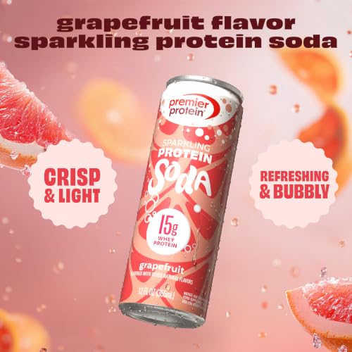 Image of Premier Protein Sparkling Protein Soda, Grapefruit, 15g Whey, 12 Pack | Soft Drink with Benefits, 5 Ingredients, No Artificial Colors or Flavors, 3g Sugar, 12 oz