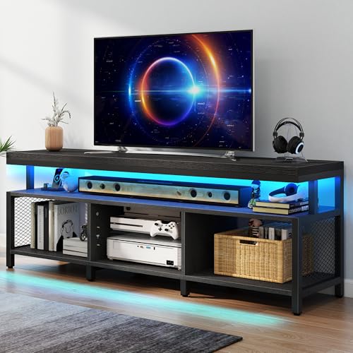 DWVO Living Room TV Stands for 70/65 inch TV LED Entertainment Center with Storage, Modern Television Stand, Industrial Media Console Cabinet with Power Outlets, Black