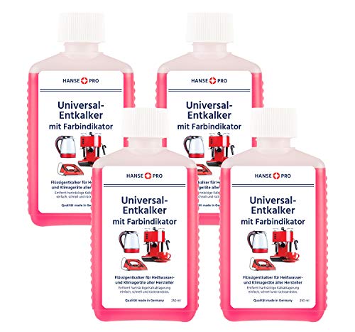 HANSE PRO Entkalker mit Farbindikator, 4 x 250 ml I Flüssig-Entkalker I Universal-Entkalker I Kalklöser I für Kaffeevollautomaten, Kaffee-Maschinen, Wasserkocher, Bügeleisen, Kaffee-Padmaschinen
