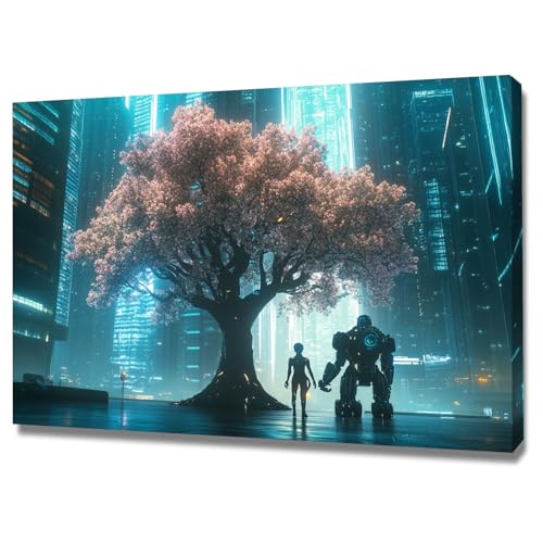 Arbre cybernétique rose toile murale encadrée pour un salon moderne