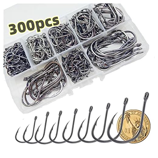 DAMIDEL 300Pcs/Box （22# ...15# .... 10# Fishing Hook, Forged Steel/Barded Design, 8 Sizes Universal Octopus Fishing Hooks Set， Sharp/High Carbon/Hook Eye, Suitable Sizes in Freshwater Saltwater