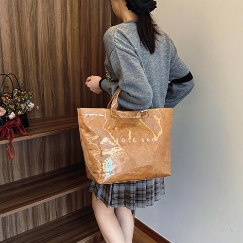 Image of PVC Tote Bag for Women Solid Color Large Letter Print Tote Bag Kraft Paper Clear Plastic Handbag Top Handle Bag(Brown)