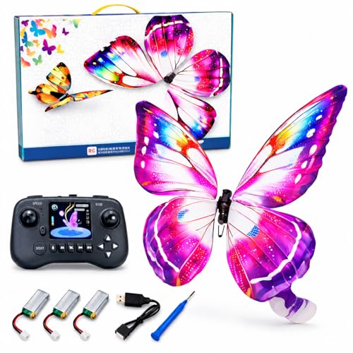 Bionic Butterfly Drone, Remote Control Flying Butterfly with Flapping Wings, Sensor-Assisted 4-Axis Gyro, LED Lights, Rechargeable Flying Display Prop for Parties, Weddings, Concerts and Adult Hobby Use