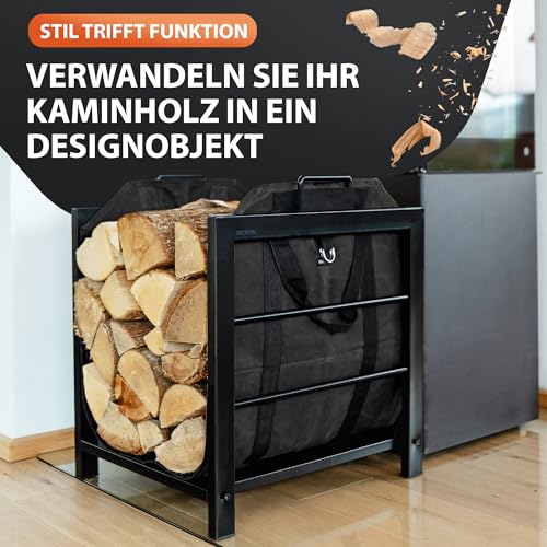 Eklavia Kaminholzregal mit Canvas-Tasche 50×40×55 cm – pulverbeschichtetes Brennholzregal/Holzlager – saubere und ordentliche Holzaufbewahrung – für innen & außen