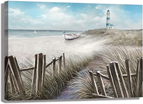 Canvas Wall Art Ocean Seascape Blue Painting Prints Modern Lighthouse Pictures Framed For Bedroom Bathroom Living Room Home Office Decor (16X24 In) #TOP29