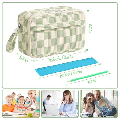 Image of WOBAGMEN Cute Pencil Case,Large Corduroy Zippered Pencil Case Pouch, Aesthetic Pencil Bag with Compartments, Pencil Pouch School Supplies (Green checked)