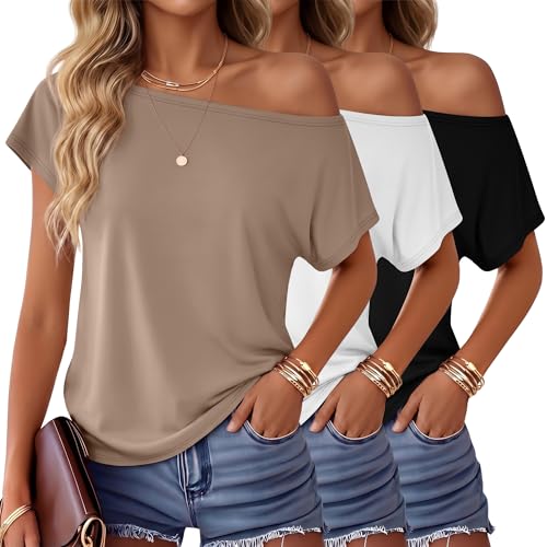 Huukeay 3 Pack Boat Neck Off The Shoulder Tops for Women, Short Sleeve Loose Shirts Causal Oversized Tunic Basic Tees(Khaki, White, Black,X-Large)