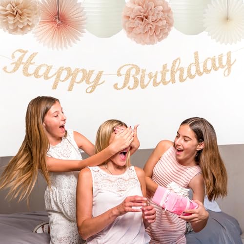 Champagne Rose-Gold Beige Birthday Party-Decorations - 14pcs Happy Banner Boho Lanterns Tissue Pom Poms,Rustic Streamers Garland Fans,Neutral One Sweet Peach Girls Women Hanging Supplies Decor Hugfond by Hugfond - Image 5