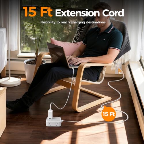 Image of TESSAN Surge Protector Power Strip, 15 Ft Flat Plug Extension Cord with 3 USB (1 USB C 20W PD) 8 Outlets, 1250W, 900J Protection, 3 Sided Outlet Extender with Power Switch for Office, Dorm Room, Grey