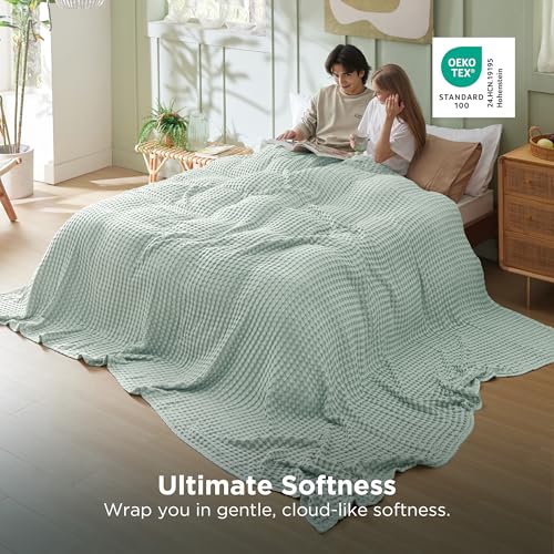 Image of Bedsure Cooling Cotton Waffle Oversized King Blanket - Lightweight Breathable Blankets Rayon Derived from Bamboo for Hot Sleepers, Luxury Throws for Bed and Sofa, Mint Green, 120x96 Inches