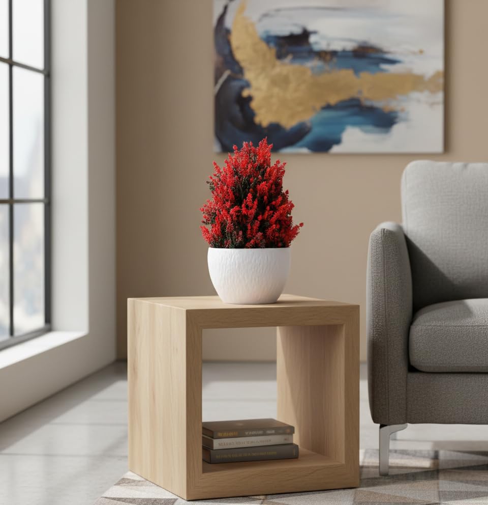 Image of Foliyaj Artificial Red Thick Bush Plant in White Pot | Faux Plants for Home Decor | Decorative Items for Living Room | Fake Plants for Decoration | 15 cm x 15 cm x 24 cm