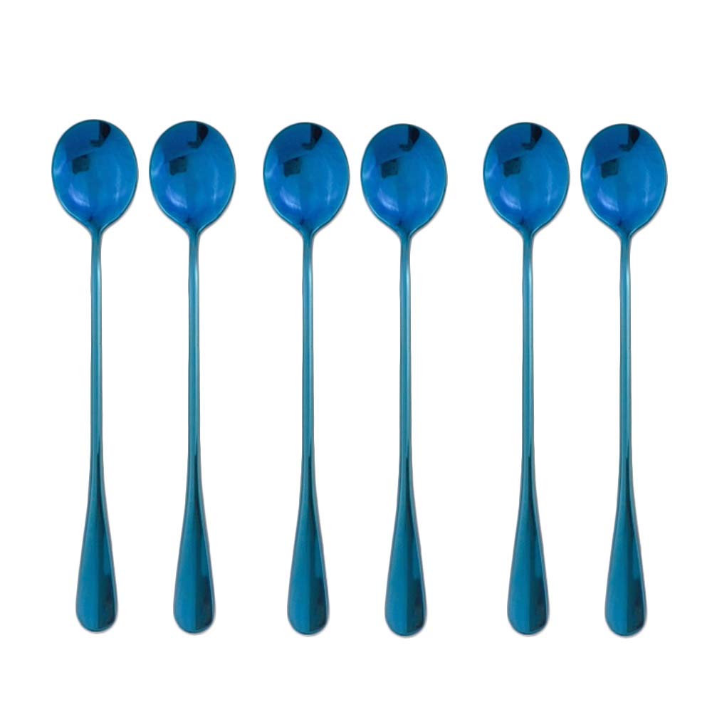 Gugrida Blue Long Handle Spoon, 304 Stainless Steel Spoon Set Mixing Spoon Ice Cream Spoon Long Spoon Iced Tea Spoon Coffee Spoon Dessert Spoon Milkshake Spoon,Set of 6(Ice Spoon)