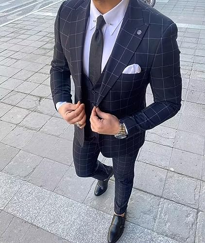 Mens Suit Plaid Slim Fit 3 Pieces Checked Casual Tuxedo Suits for Men Wedding Business Party Blazer Vest Pants Set3