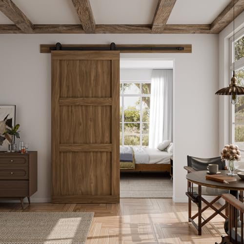 Image of CCJH 7FT Sliding Barn Door Hardware Kit, Heavy Duty, Smoothly and Silently, Easy to Install, Fit 42 inch Width Single Door Panel, T-Shaped Style Black