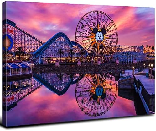 Disneyland Canvas Wall Art Mickey Ferris Wheel Skyline Wall Decor 32x48", Sunset Disney Castle Park Landscape Panoramic Print Pictures Paintings Artwork for Living Room Bedroom Office Home Decoration