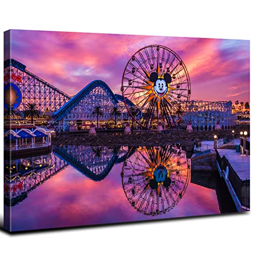 Image of Nature Disney Wall Art Canvas Prints for Living Room, Sunset Disneyland Scenery Picture Decor Purple Mickey Ferris Wheel Landscape Painting Poster Panoramic Artwork Bedroom Kitchen Decoration 24x36 inch
