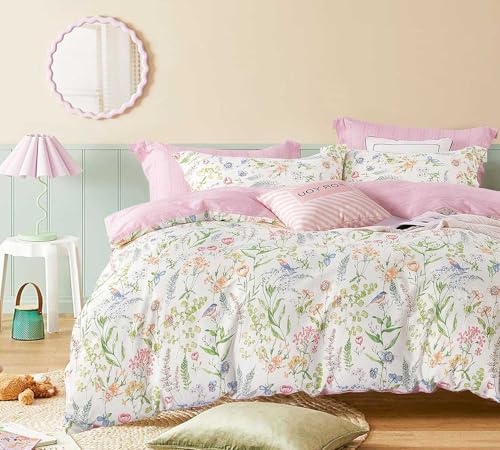 ALEISSEL White Floral Cotton Comforter Queen Size - 3PC Lightweight