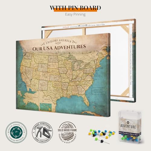 Image of DECORARTS - Oversized Push Pin Travel Map USA, Extra Large US Maps for Wall, Antique Old United States Pin Board Canvas, Giclee Print, Handcrafted in USA, 40x30''