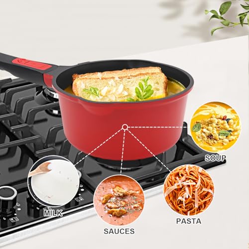 Bobikuke 2.5 Qt Non Stick Sauce Pan with Lid, Nonstick Sauce Pot & Saucepan with Pour Spout, Milk Pan Pasta Pot, Mini Cooking Pot Induction Compatible, Detachable Handle, Oven Safe, PFOA Free, Red by Bobikuke - Image 6