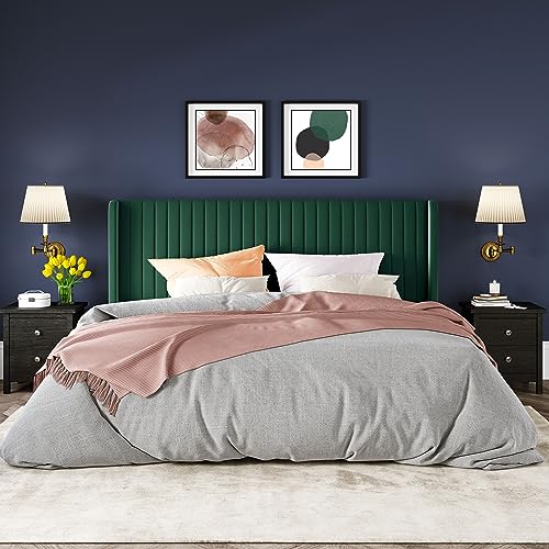 Allewie King Size Bed Frame/Velvet Upholstered Platform Bed/Vertical Channel Tufted Wingback Headboard/Strong Wooden Slats/No Box Spring Needed/Easy Assembly/Green