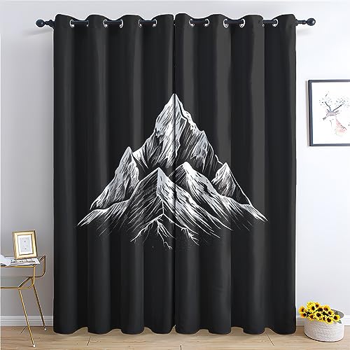 Rideau Occultant Thermiques Montagne Noire - Lot de 2 Rideaux Imprimé pour Salon Chambre Fenetre Cuisine, Rideaux et Draperies Intérieurs à Oeillets,...