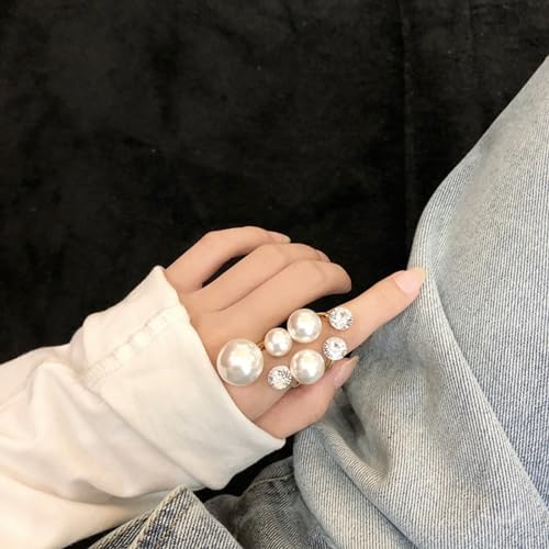 Vintage Crystal Pearl Rings for Women - Stacking Promise Pearl Adjustable Open Finger Ring Trendy Personality Statement Jewelry Gifts3