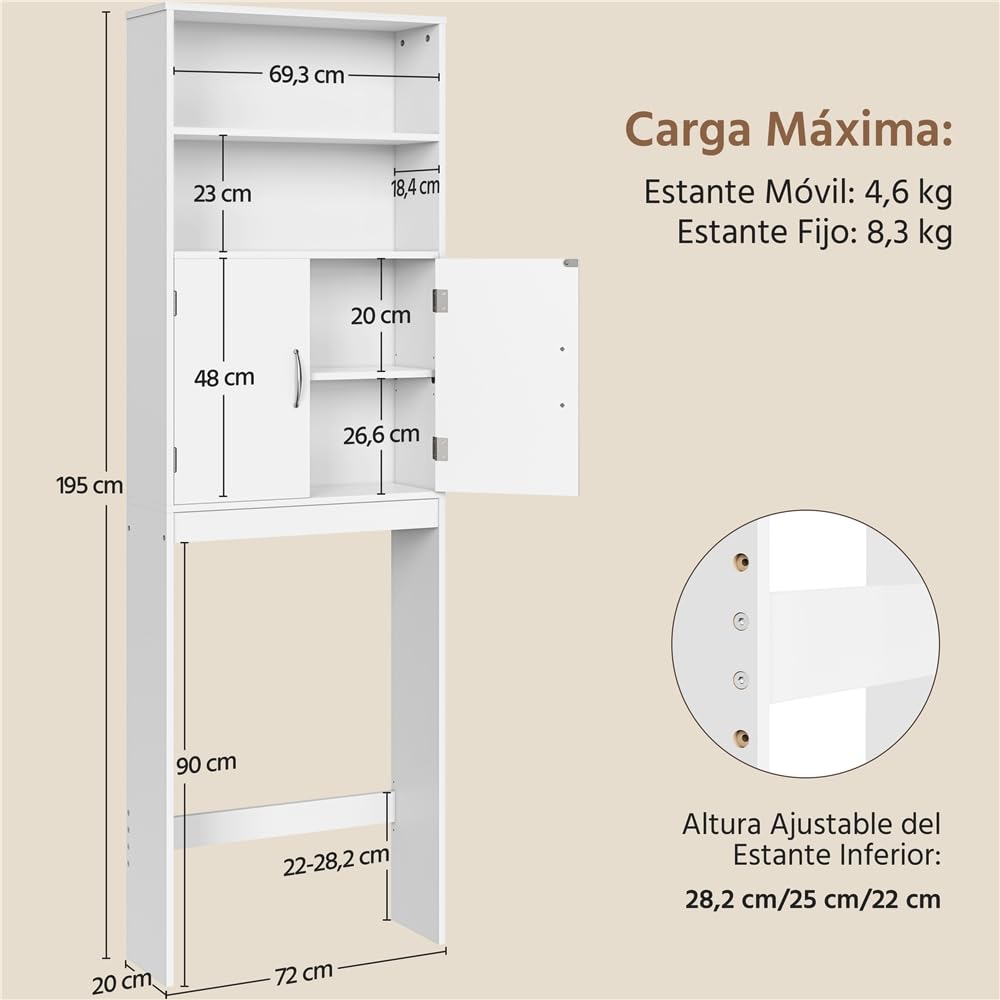 Yaheetech Mueble sobre Inodoro 72x20x195 cm con Estante Ajustable y 2 Puertas Armario para el Inodoro Almacenamiento sobre el Inodoro WC Mueble para Baño