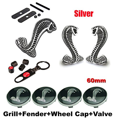 BENZEE 11pcs Set AM120 Cobra Front Grille Silver + Back Car Emblem Badge Sticker + Wheel Hub Caps + Tire Valve Caps For Ford Mustang Shelby Cobra