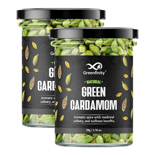 Image of GreenFinity Whole Green Cardamom (Elaichi) - 100g | 8 mm Bold Size | Premium Grade | Aromatic • Non-GMO • Fresh & Large Pods for Cooking, Baking & Tea [50g x 2]