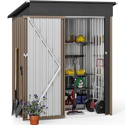 DWVO Metal Outdoor Storage Shed 5x3ft, Lockable Tool Sheds Storage with Air Vent for Garden, Patio, Lawn to Store Garbage Can, Lawnmower, Brown