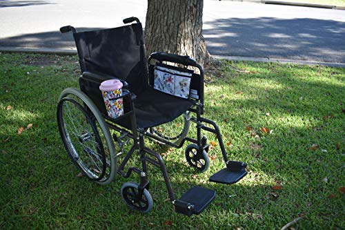 Wheelchair Side Bag with Large Cup Holder - Arm Rest Pouch and Drink CupHolder - Wheel Chair Accessories Organizers and Water Bottle Holder Fits Walkers, Rollators for Seniors and Handicap (Floral) - Thumbnail 2