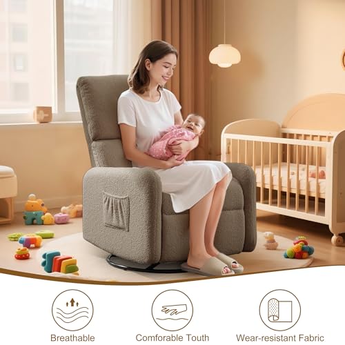 Image of Korser 360 Rocking Chair, Nursery Rocker Chair with Side Pockets, Glider Nursing Chair with Steel Structure Base, Small Chair for Small Spaces, Sherpa Swivel Accent Chairs for Living Room, Nursing