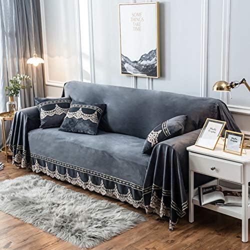 YUMUO Plush Sofa Slipcovers,Embroidered Anti-Slip Universal Sofa Towel European Sectional Couch Covers for Pets Dogs -Gray 200x380cm(79x150inch)