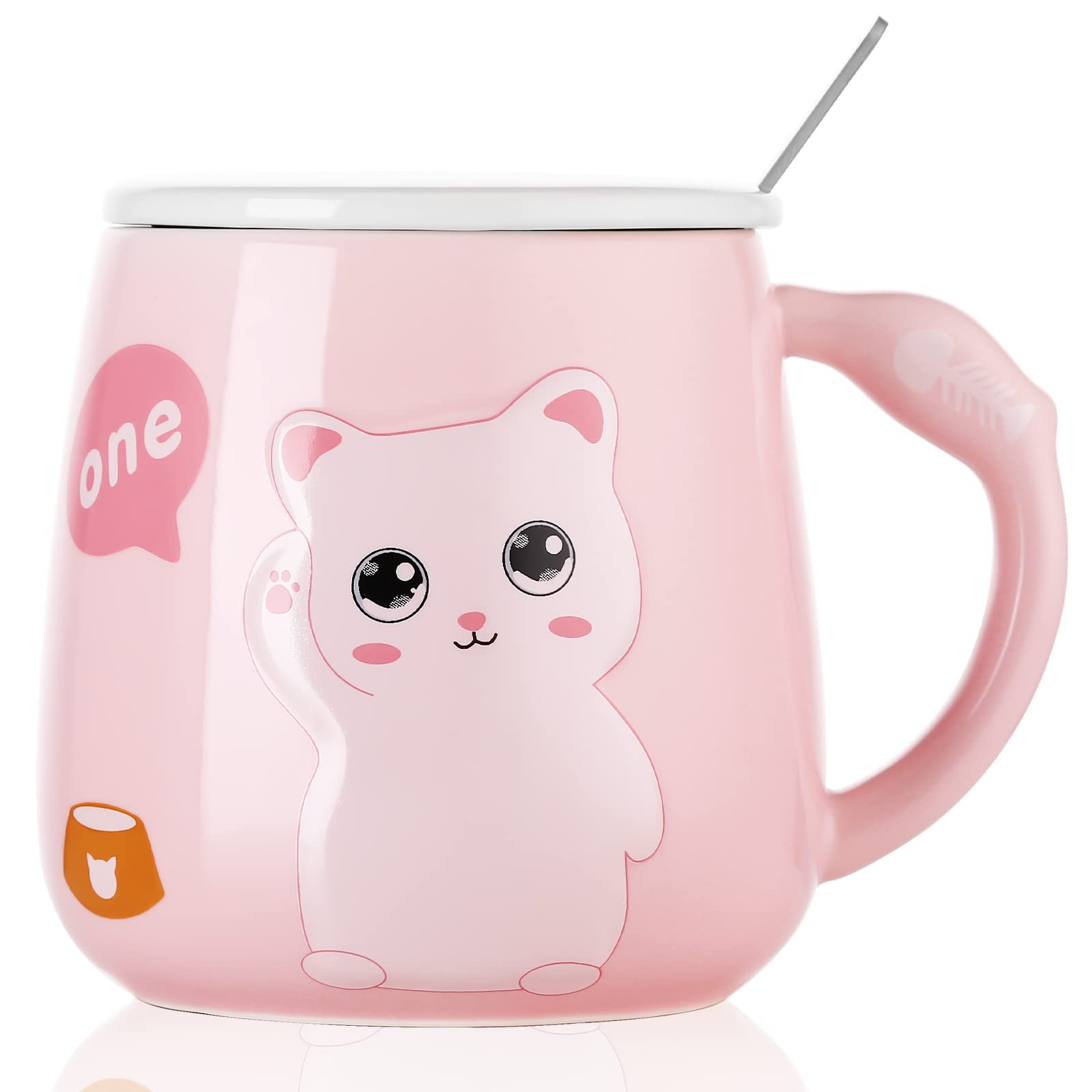 Cute Cat Mug, HOUSALE 3D Ceramic Coffee Mug with Lid and Stainless Steel Spoon, Novelty Coffee Cup for Cat Lovers Gift, 15 OZ, Pink