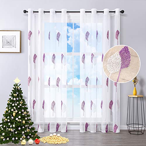 MRTREES Cortinas Translucida Bordado Hojas con Ojales de Dormitorio Moderno Ventana Visillos Salon Paneles para Ventanas Sala para Niños Sala Comedor Baño 2 Piezas 140×225cm(An×L) Púrpura
