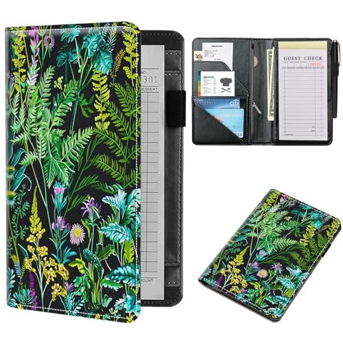 NLZQTTBD Server Book, Server Books for Waitress Compact Cute Waiter Receipt Book PU Leather Waitress Book with Zipper Pocket Cash Check Restaurant Bartender Server Apron Green Plant