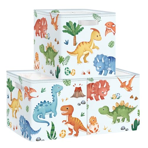HUUMONSS 30cm Juego de 3 Cajas de Almacenamiento Dinosaurio Organizadoras de Almacenaje Juguetes Palmeras Huevos Plegables Cestas Almacenaje Niños Libro Ropa para Estantes Armario, Volcanesán