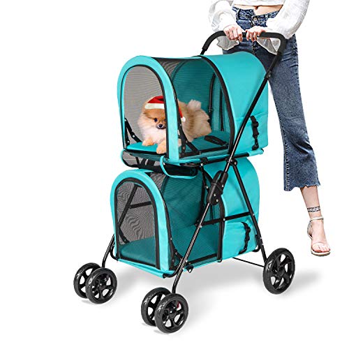 Kinsuite Pet Stroller with Detachable Carrier Folding Travel Carriage for Pets & Cats Easy to Walk Blue